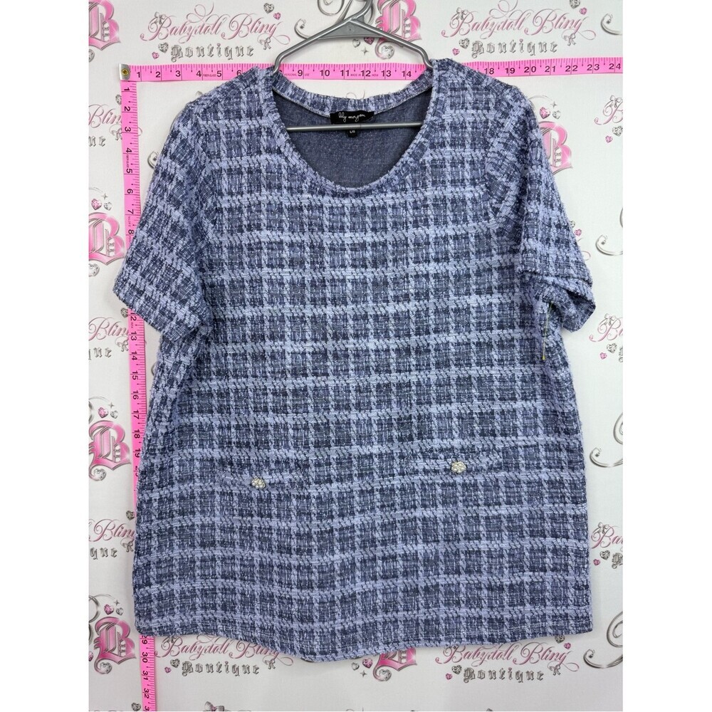Lily Morgan top button pearls Blue Tweed Short Sleeve Top
